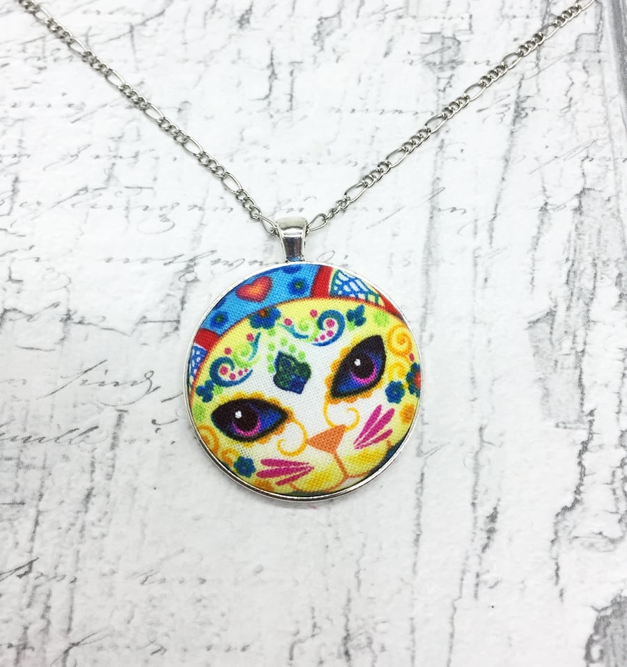 Cat face decorative sugar skull fabric button pendant