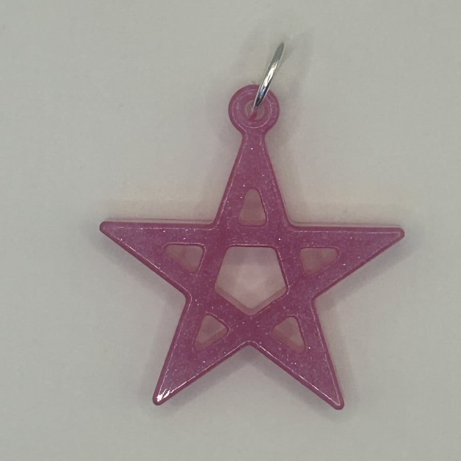 Resin 5 Pointed Star Pentagram Pendant, Keyring, Bag Charm - Pink