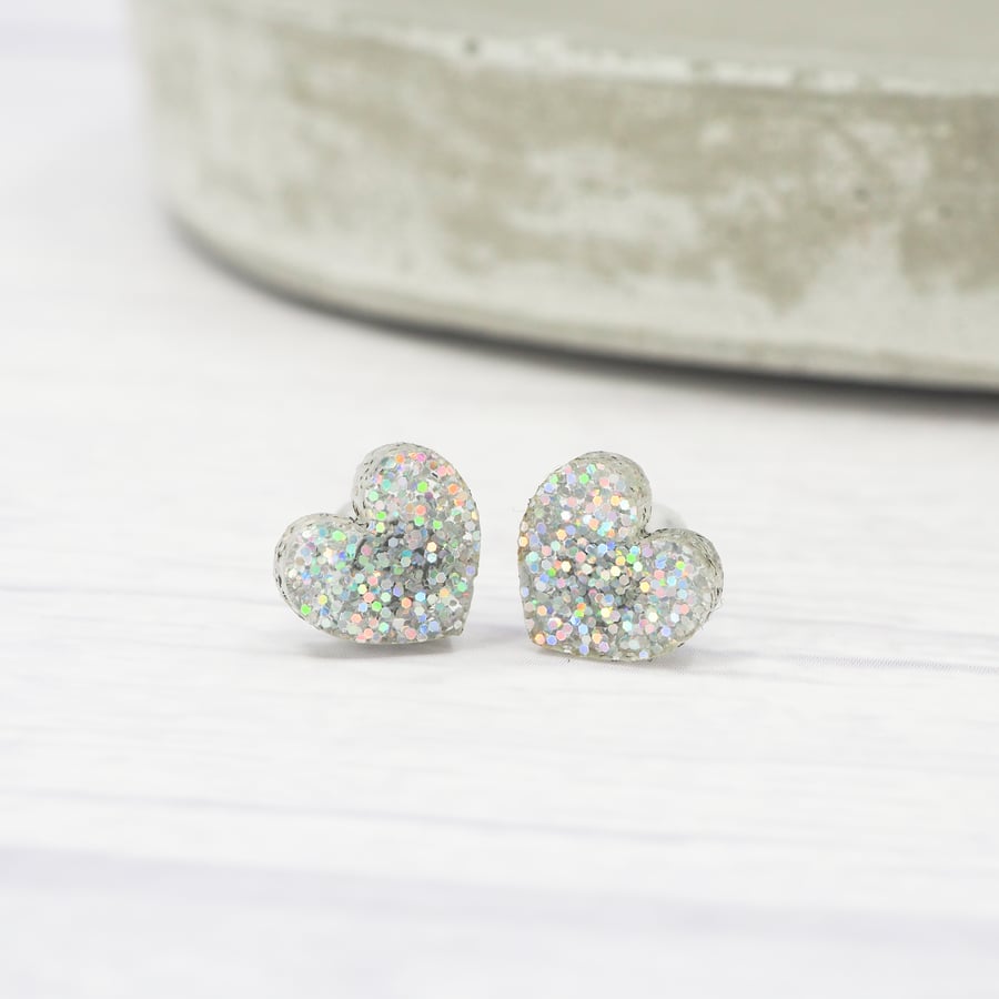 Holographic glitter small heart studs, Hypoallergenic titanium ear wires