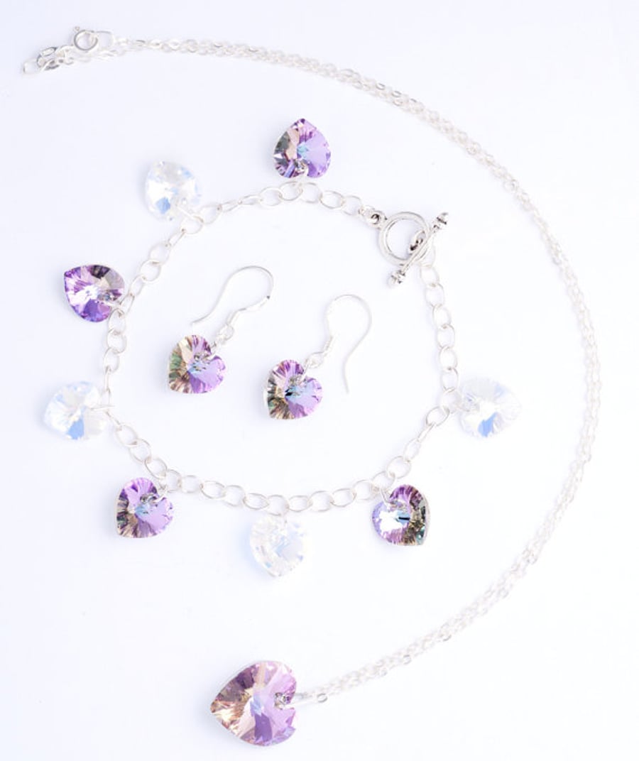 Swarovski Crystals Hearts in Clear AB and Lilac AB Pendant, Bracelet and Earring