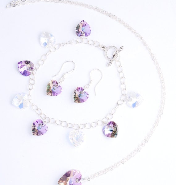 Swarovski Crystals Hearts in Clear AB and Lilac AB Pendant, Bracelet and Earring