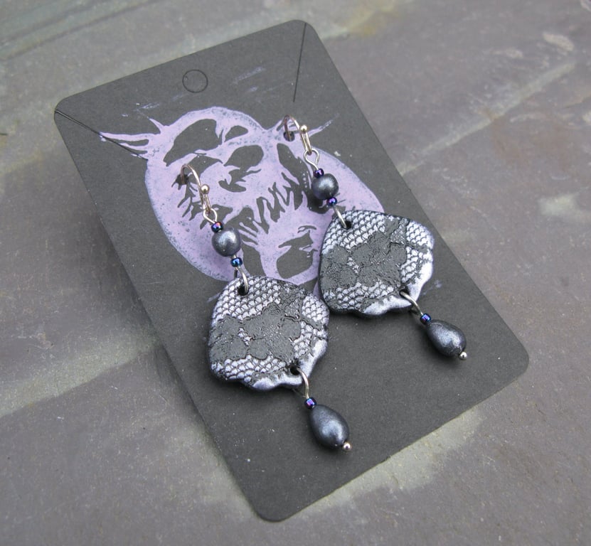 Ethereal Grey Lavender Lace Shell Drop Earrings with Sterling Silver Hooks