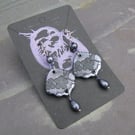 Ethereal Grey Lavender Lace Shell Drop Earrings with Sterling Silver Hooks