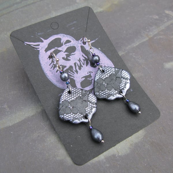 Ethereal Grey Lavender Lace Shell Drop Earrings with Sterling Silver Hooks