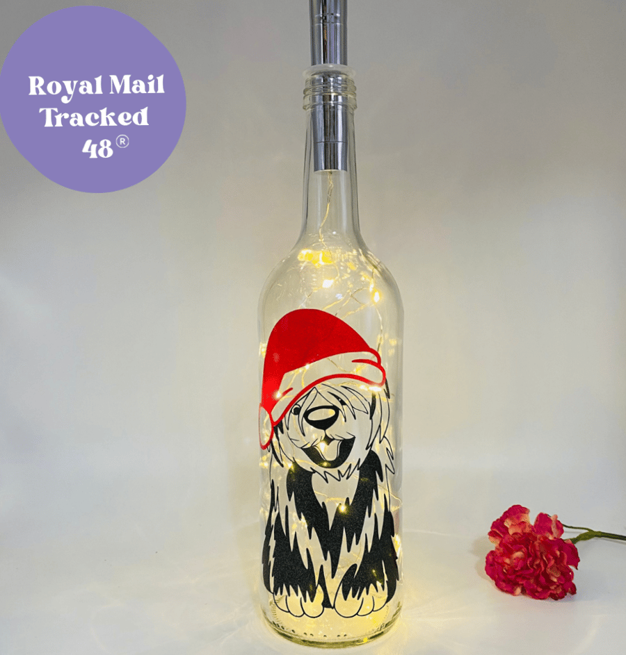 Old English Sheepdog Christmas bottle light, OES, dog lover gift