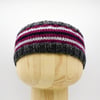 Hand Knitted striped headband ear warmers in grey, purple and black adult large