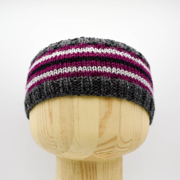 SOLD - Hand Knitted striped headband ear warmers in grey, purple and black adult