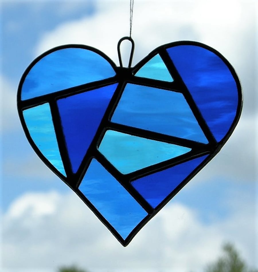 Stained Glass Love Heart in three blues rippling water glass