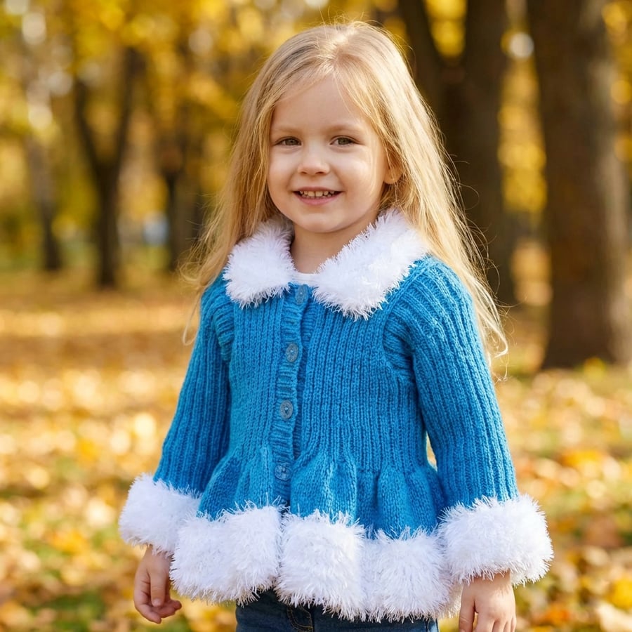 Hand-Knitted Sparkly Blue Peplum Cardigan for Girls, Fluffy Winter Sweater 2-4yr