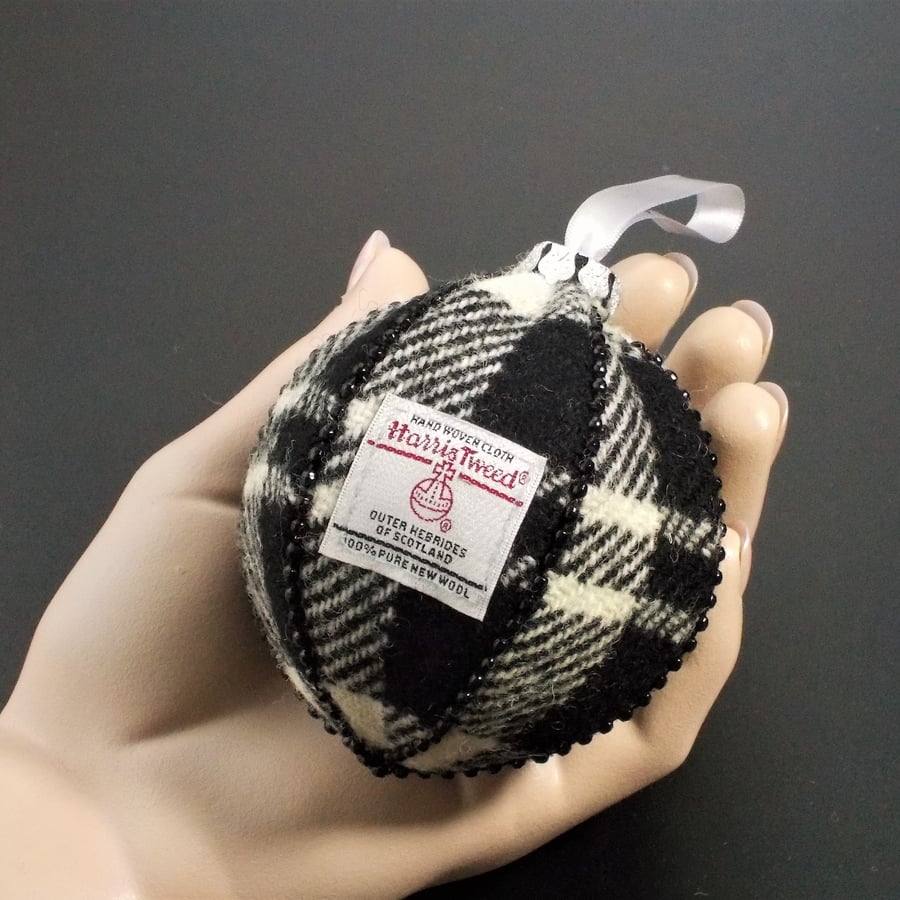 Harris tweed bauble Christmas tree decoration black tartan fabric ornament