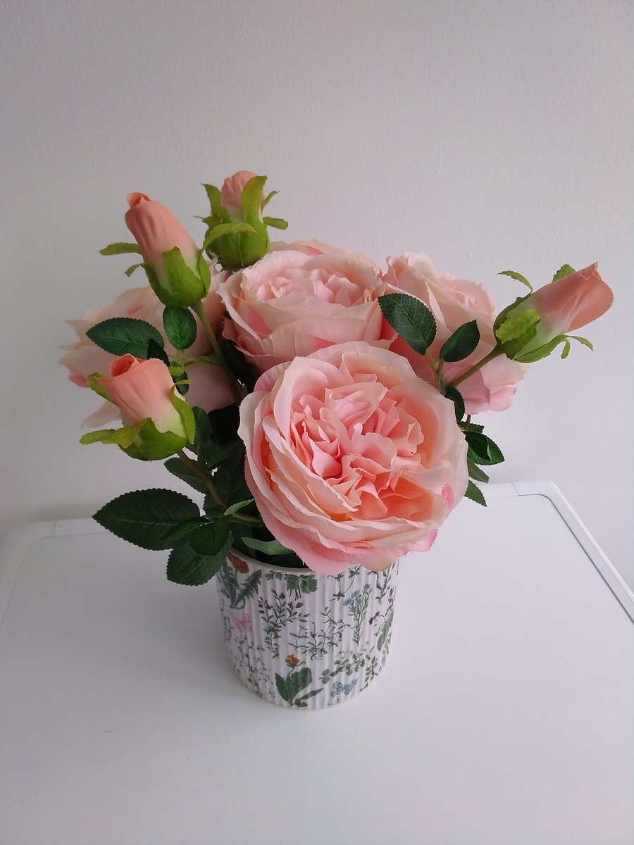 Everlasting English Blush Roses in Decoupaged Wildflower Pot 
