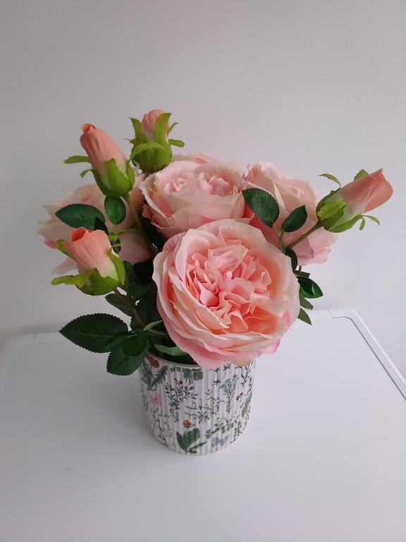 Everlasting English Blush Roses in Decoupaged Wildflower Pot 
