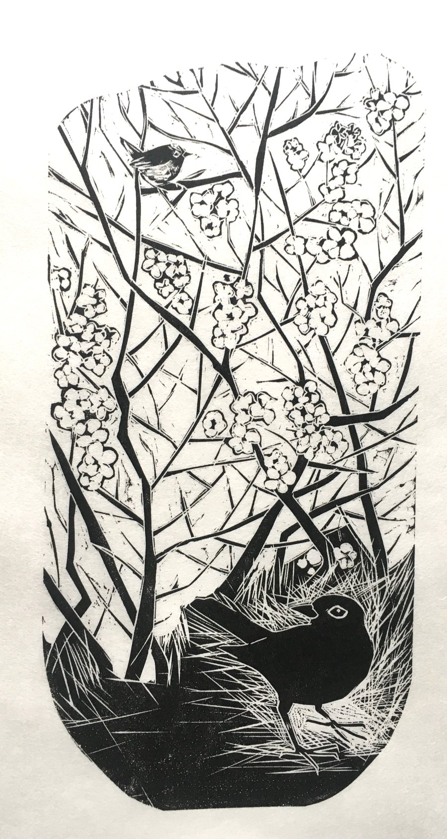 Blackbird and Little Wren - Lino Cut 