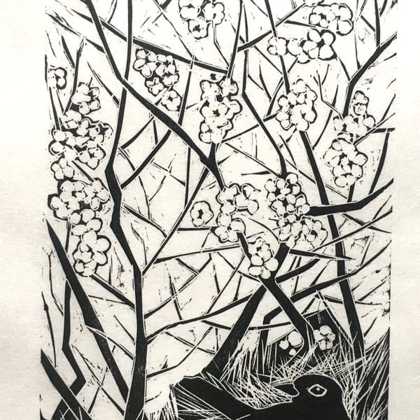 Blackbird and Little Wren - Lino Cut 