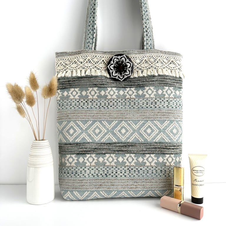 Boho Tote Bag with Fringed Cotton Lace Trim and Statement Button