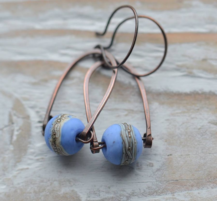 Handmade Copper Earrings with Blue Lampwork Glass Beads