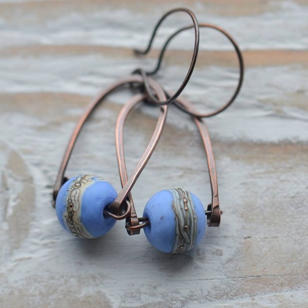 Handmade Copper Earrings with Blue Lampwork Glass Beads
