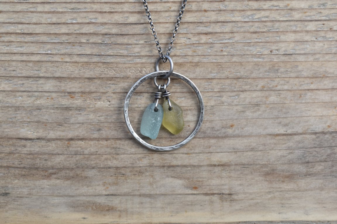 Scottish Sea Glass and Recycled Sterling Silver Necklace, Yellow & Seafoam