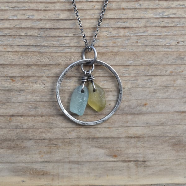 Scottish Sea Glass and Recycled Sterling Silver Necklace, Yellow & Seafoam