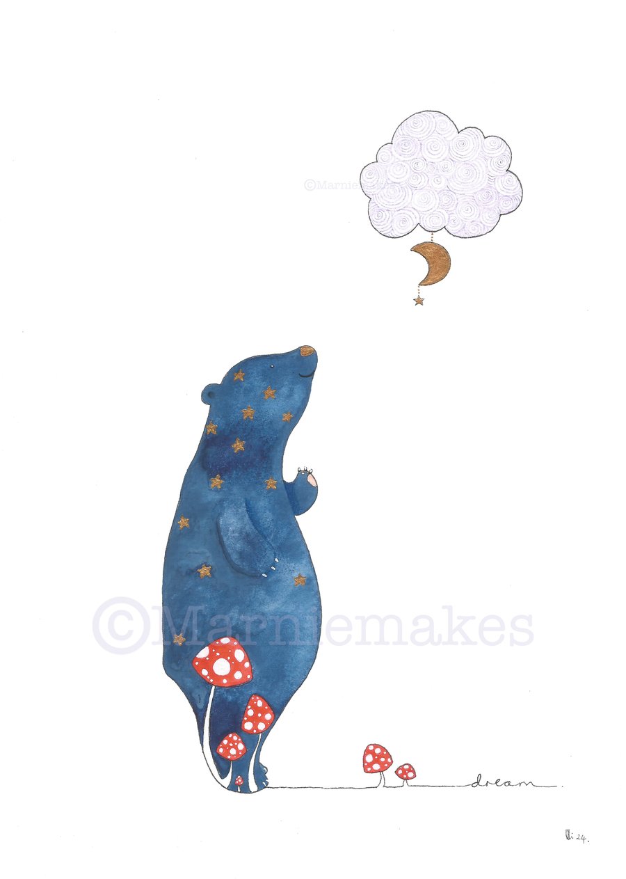 Blue Bear Has A Dream - A4 Unframed Original Illustration