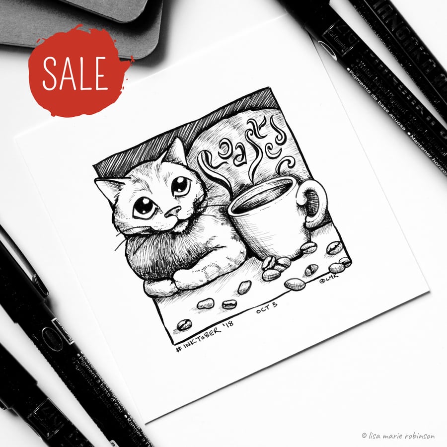 SALE - Roasted Coffee Cat - Day 3 Inktober 2018 - Small Cat Drawing Illustration