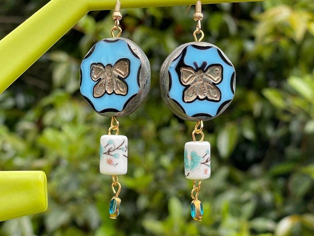 Japanese bead Czech glass earrings butterfly blue electroplate 