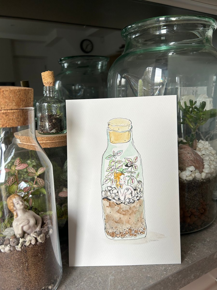 China Lady in a Terrarium - Watercolour and Ink Drawing