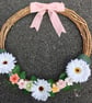 Grapevine wreath, hand decorated with daisies: pink, white, green, orange  