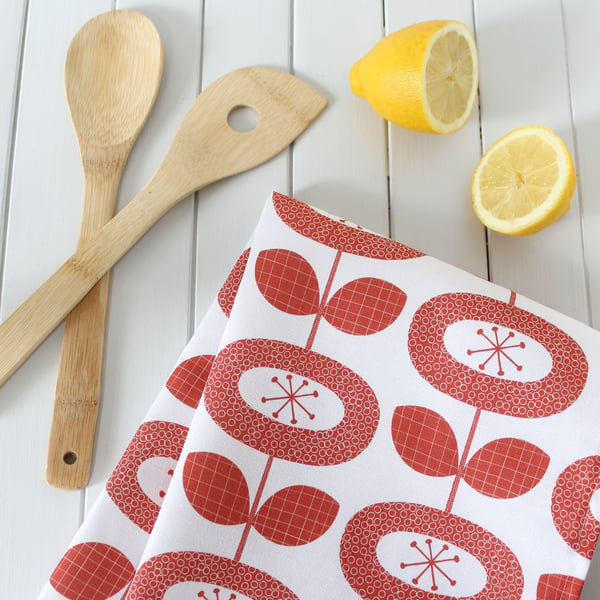 Red Bloom Flower Pattern Tea Towel