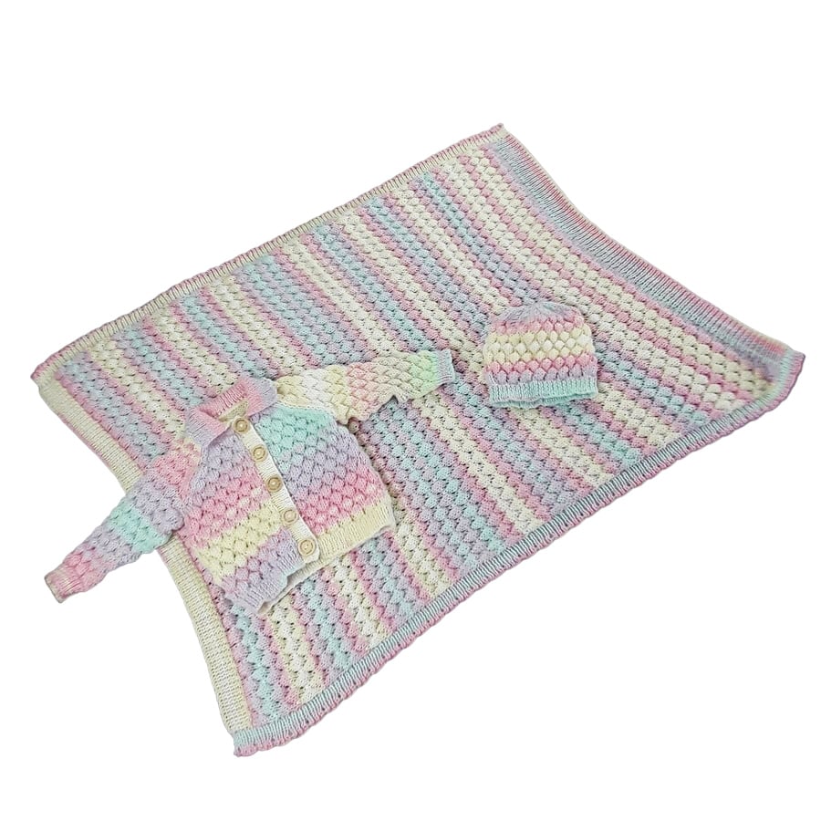 Hand knitted matching baby blanket, cardigan and hat, bubble stitch pattern