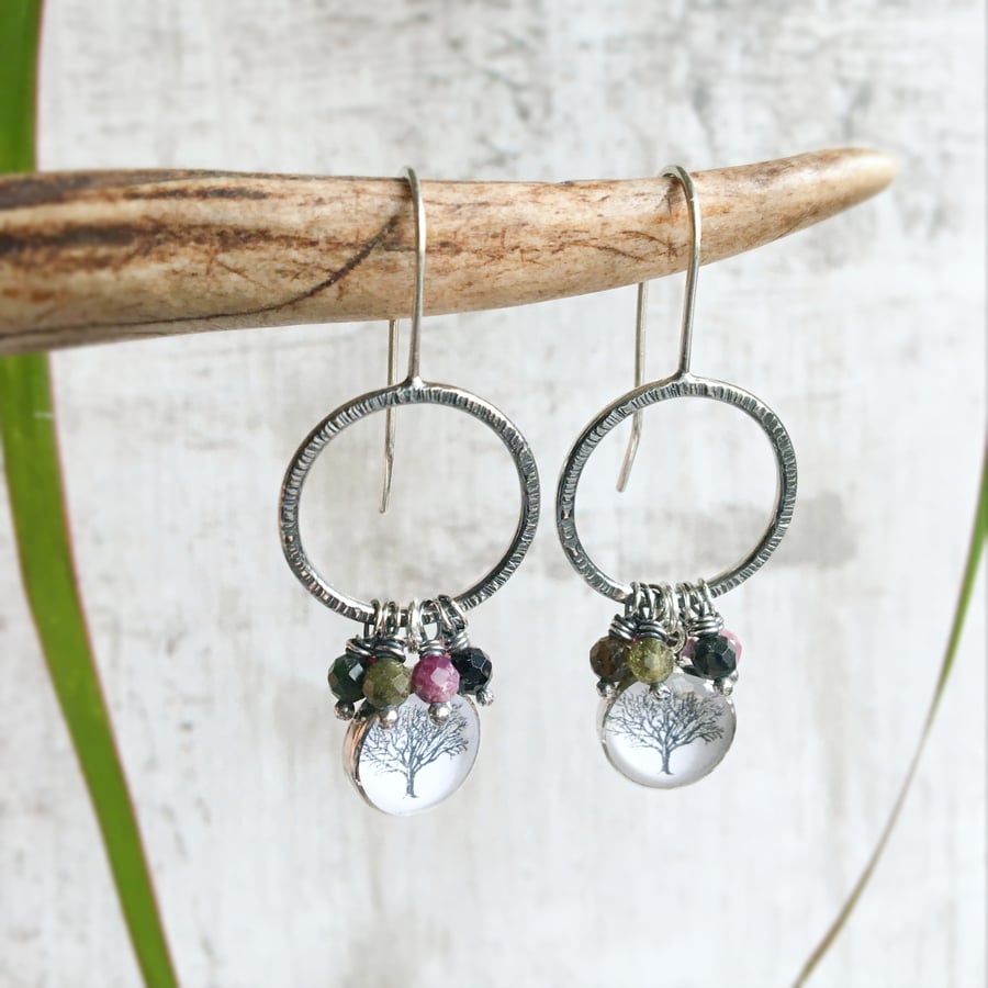 Oxidised Sterling Silver Tourmaline Tree Charm Illustration Earrings