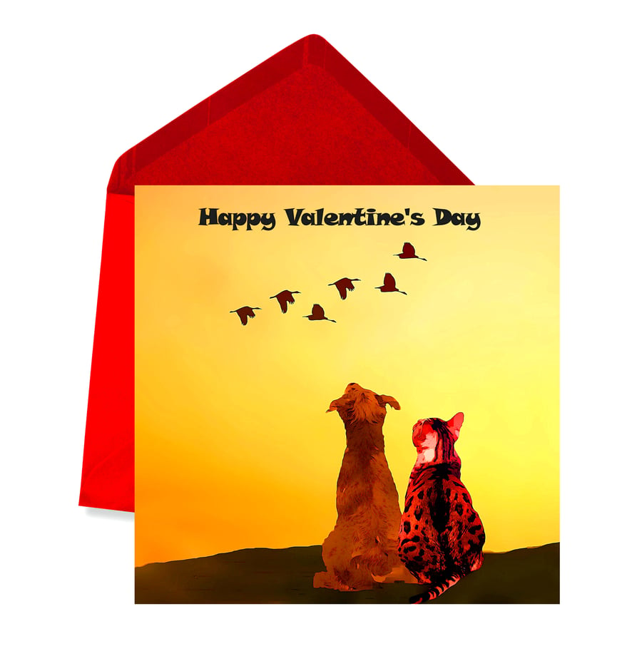 Cat and Dog Valentine's Day Card, with Red Envelope
