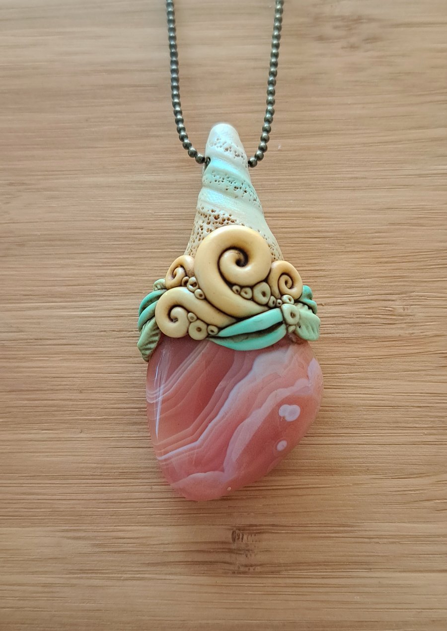Orange Banded Agate Crystal and Polymer Clay Amulet Pendant