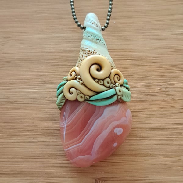 Orange Banded Agate Crystal and Polymer Clay Amulet Pendant