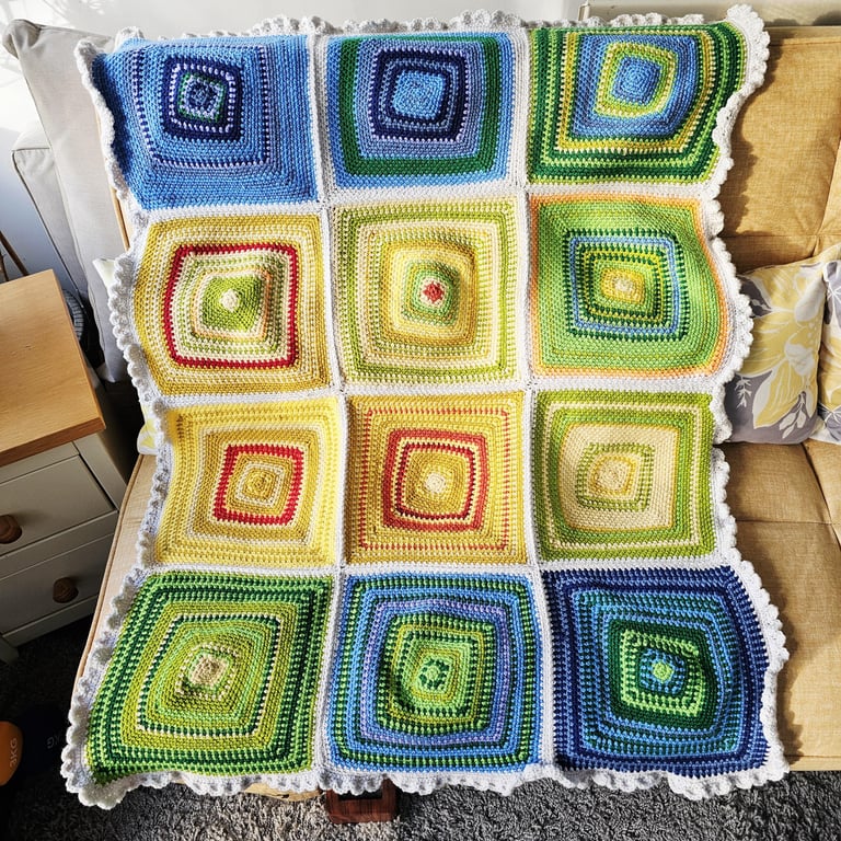 Colourful Temperature Lap Blanket, Crochet Squares Sofa Throw