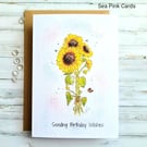 Sunflowers Birthday Card - original art, birthday wishes, bee, butterfly