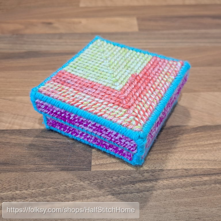 Lidded box for small desk items and gifts - bright pastel colours with blue edge