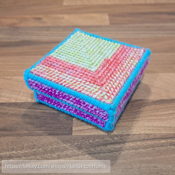 Lidded box for small desk items and gifts - bright pastel colours with blue edge