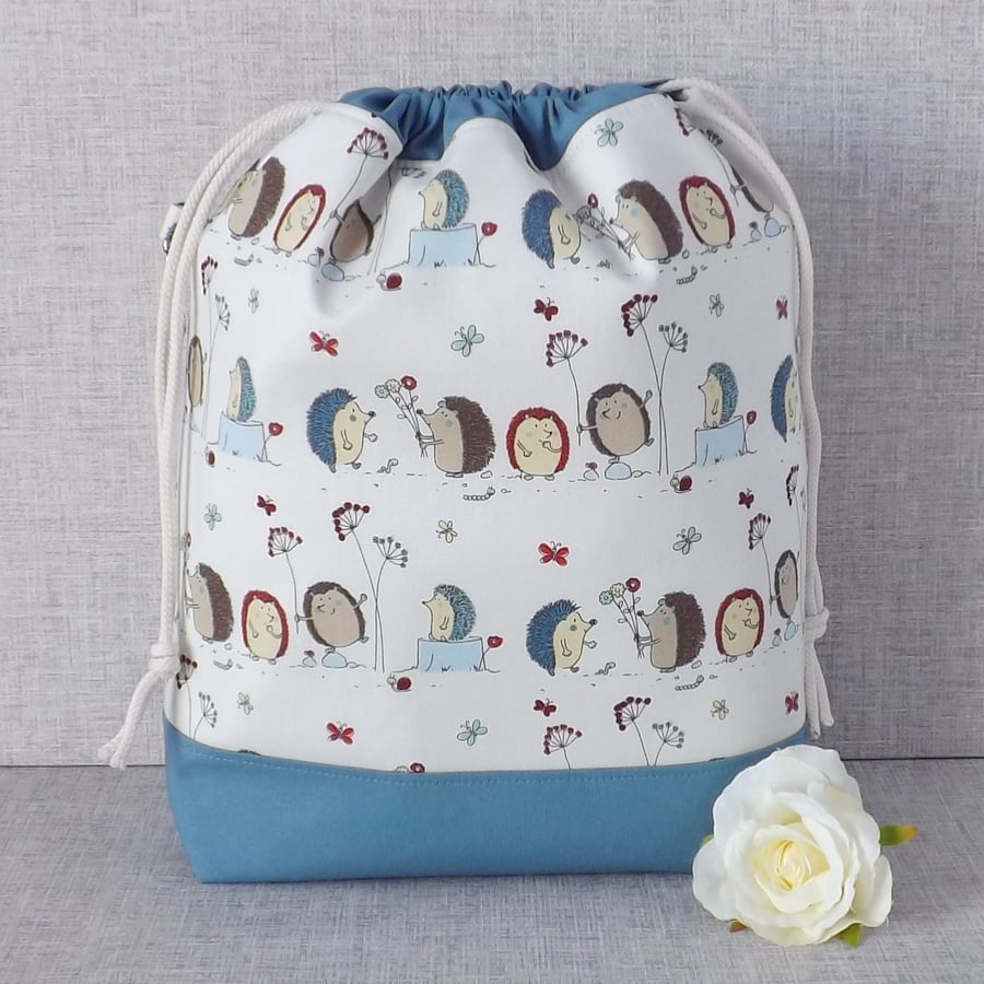 Project bag, drawstring bag, hedgehogs