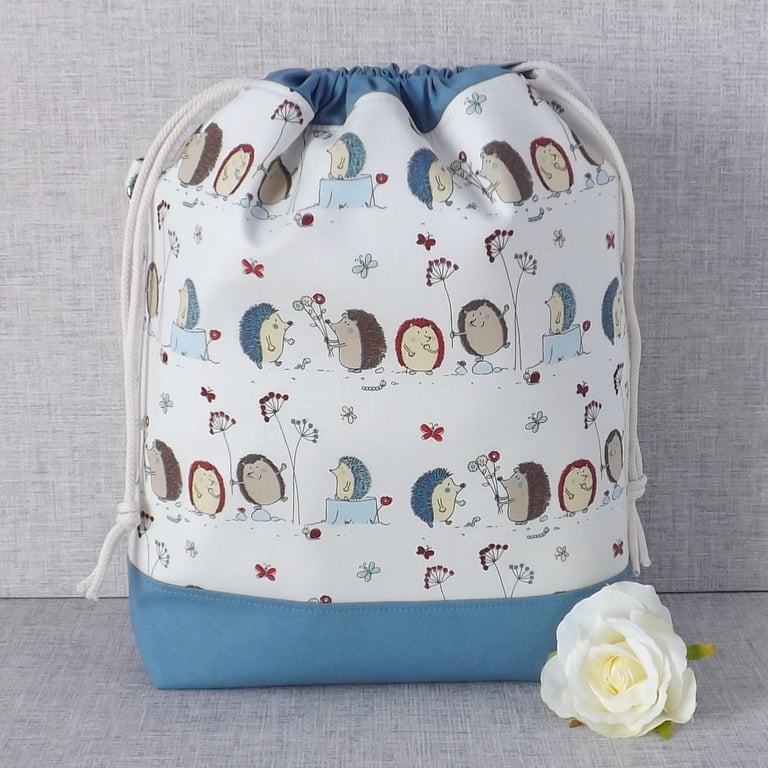 Project bag, drawstring bag, hedgehogs