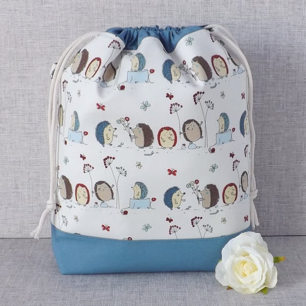Project bag, drawstring bag, hedgehogs