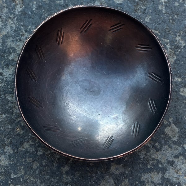 Oxidised copper bowl with stamped line pattern, 7th wedding anniversary gift