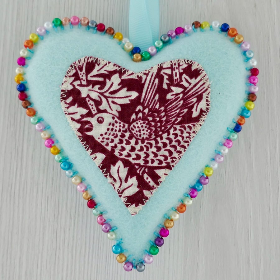 Liberty Felt Hanging Heart Beaded - Blue & Strawberry Thief