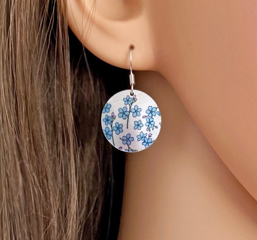 Forget Me Not drop earrings, discs dangle on sterling silver ear wires (114)