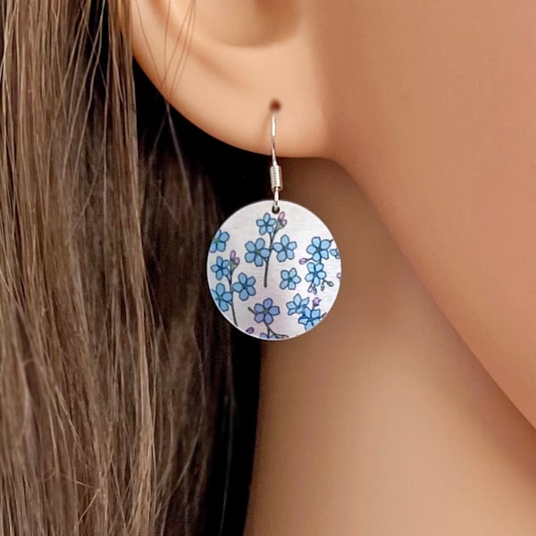 Forget Me Not drop earrings, discs dangle on sterling silver ear wires (114)