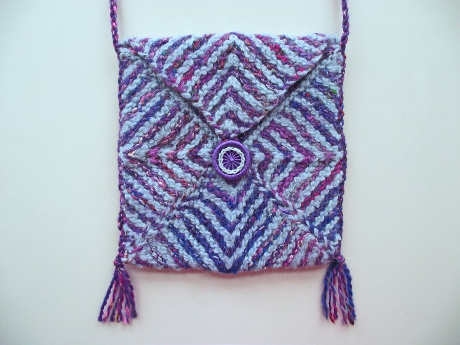 Felted Knitted Crossbody Boho Hobo Festival 6" x 6" Purse or Bag, Lilac & Blue 
