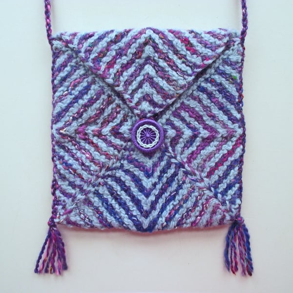 Felted Knitted Crossbody Boho Hobo Festival 6" x 6" Purse or Bag, Lilac & Blue 
