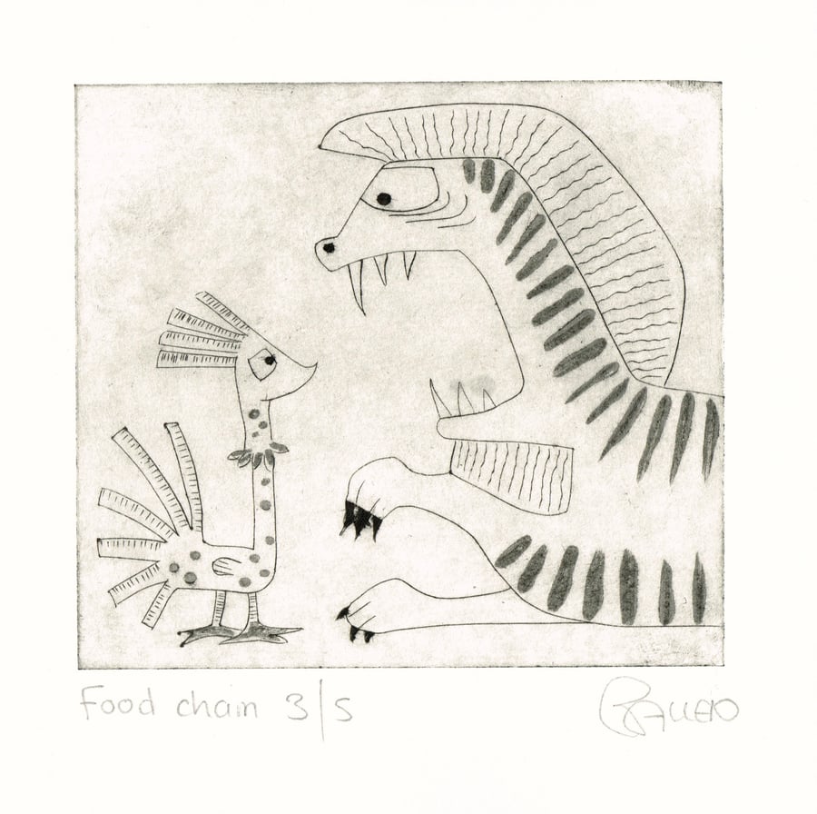 Cartoon lion dry point etching