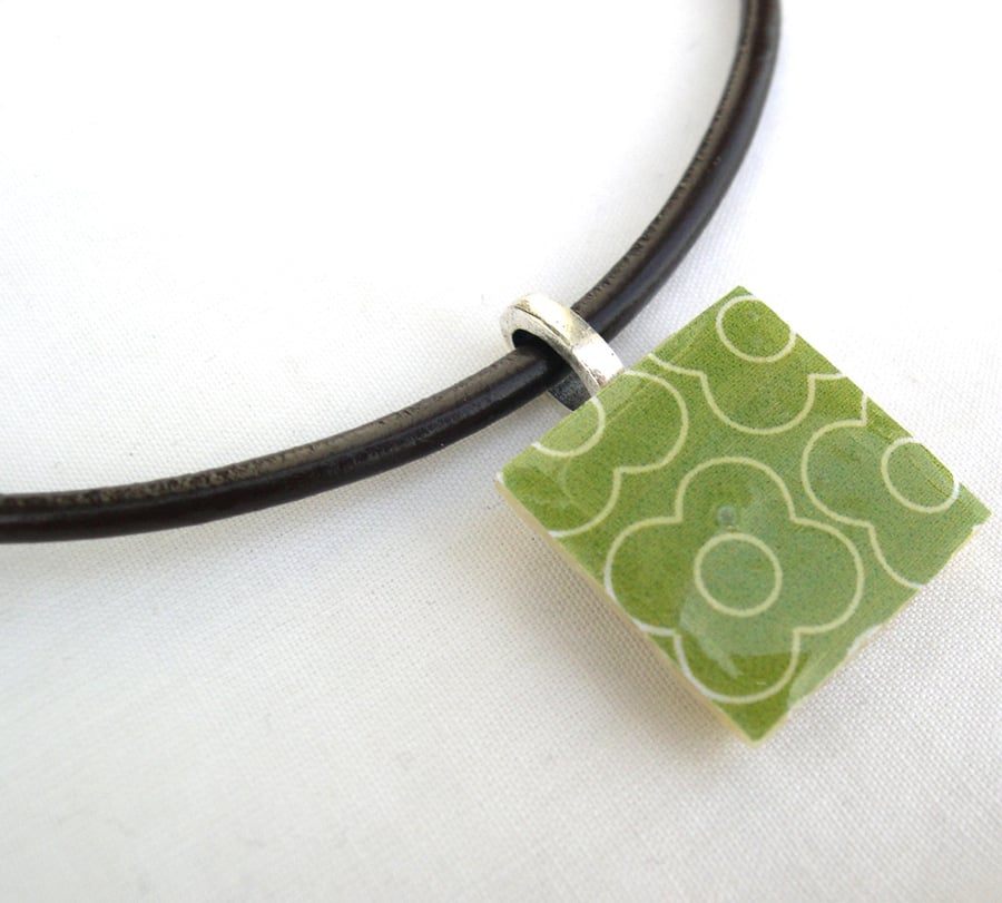 Leather and sterling Silver Ceramic Tile Necklace Retro Resin Pendant