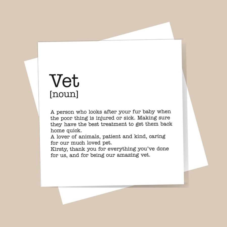 Personalised Vet Definition Card - Birthday, Thank You, Good Luck, Leaving card.